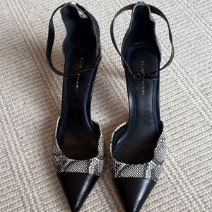 Elie Tahari Black and Snake-Print Pointed Toe Ankle-Strap Pumps